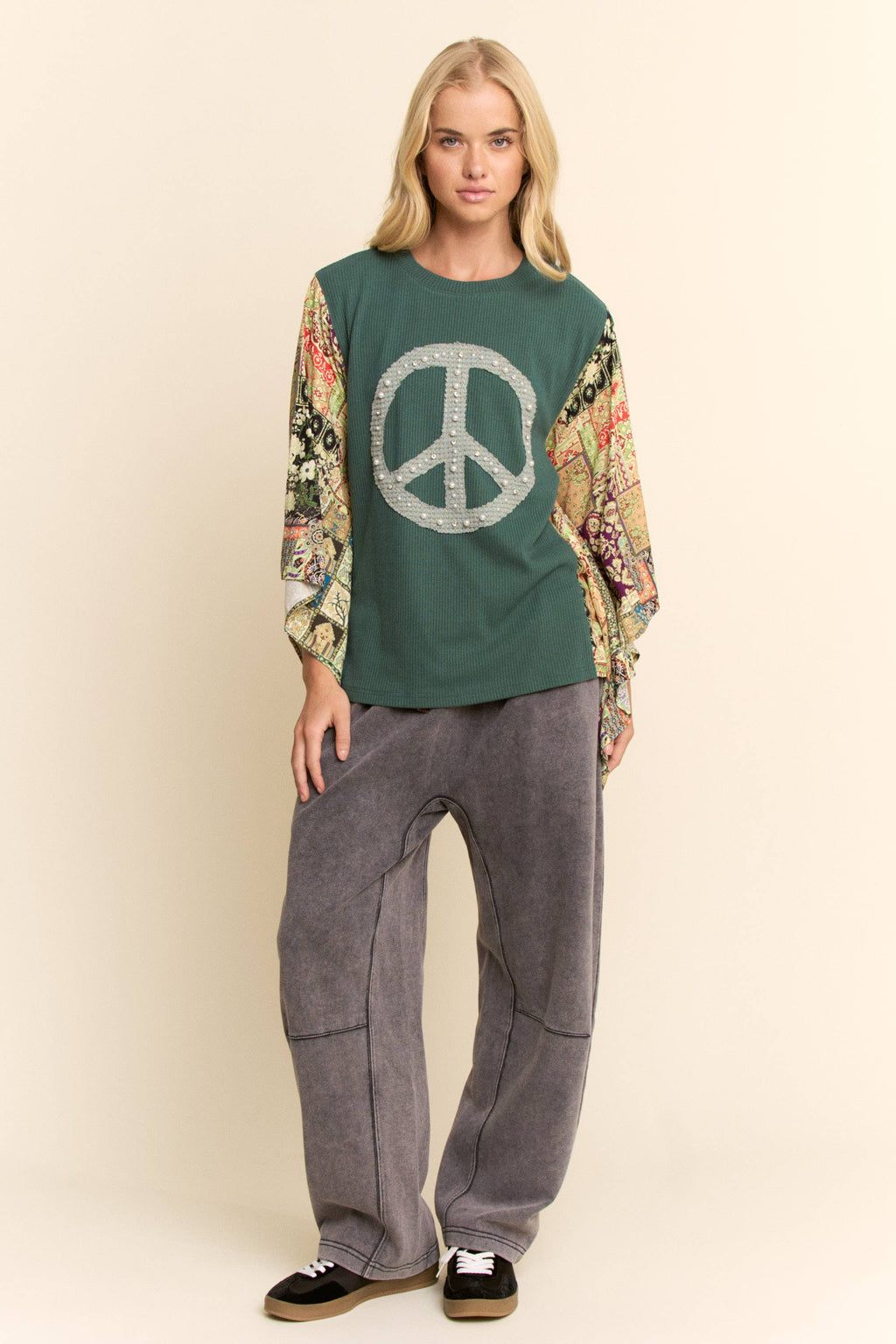 WASHED FRENCH TERRY CONTRAST WAIST BARREL PANTS