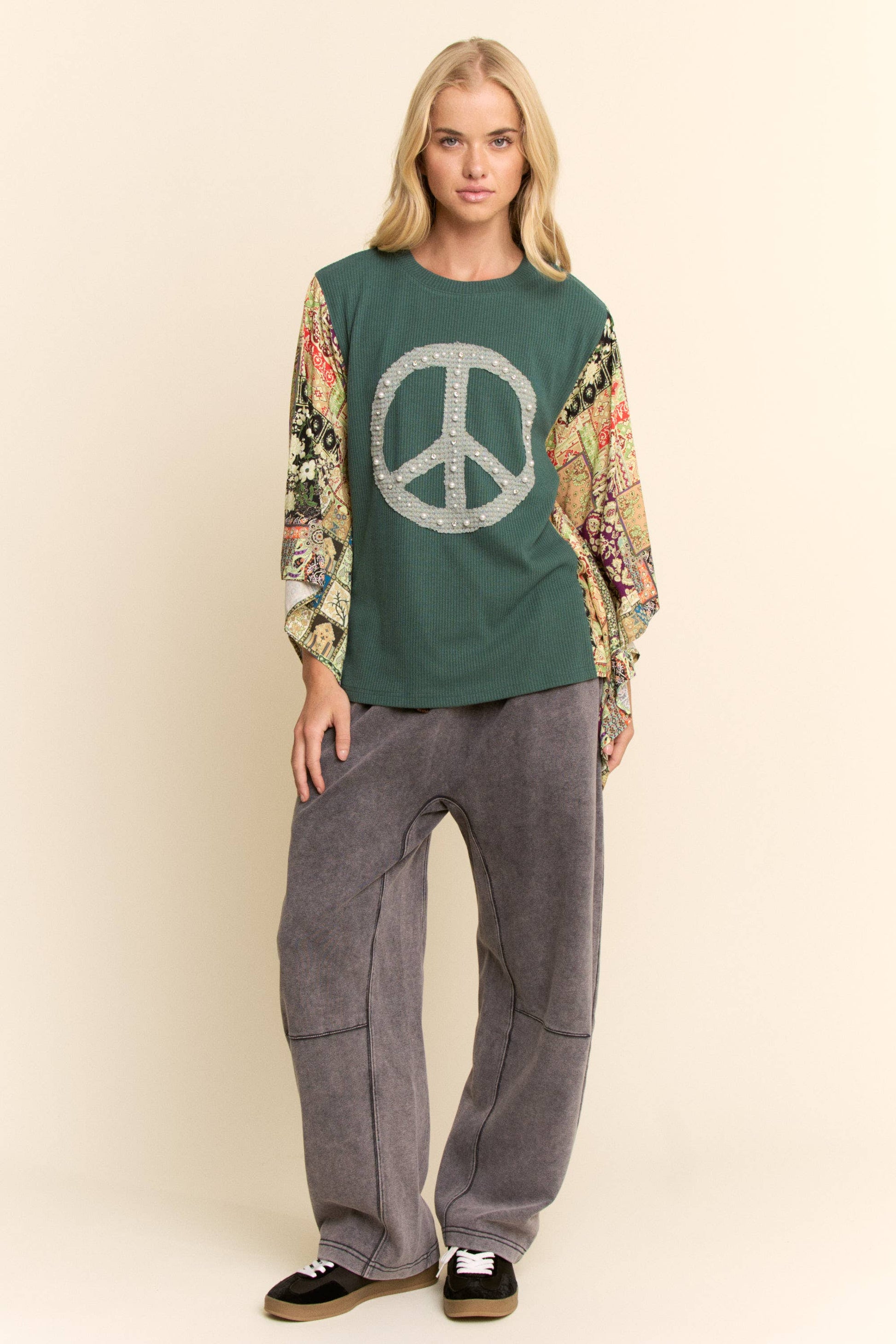 WASHED FRENCH TERRY CONTRAST WAIST BARREL PANTS