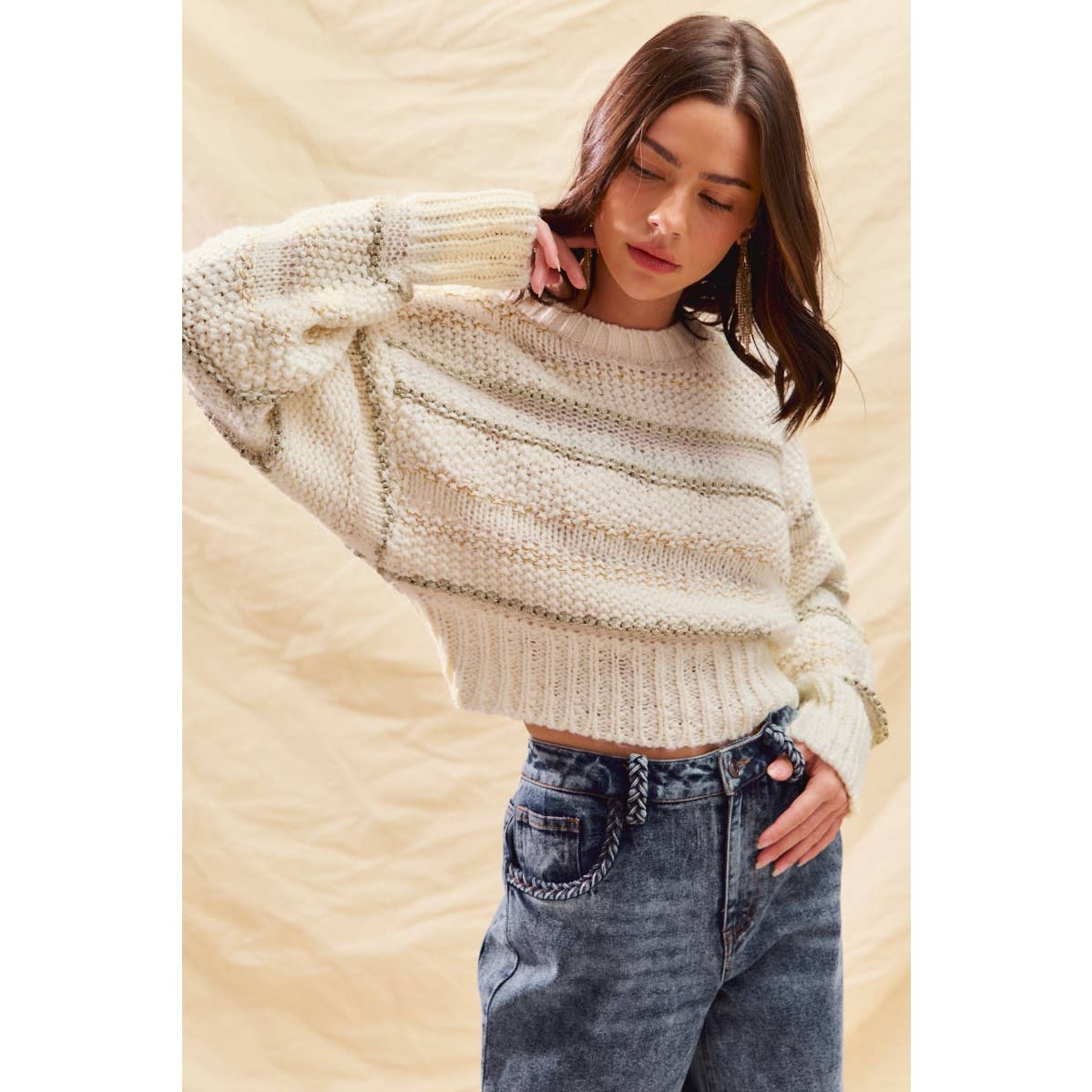 TEXTURED STRIPE LUREX HOLIDAY CROP SWEATER TOP