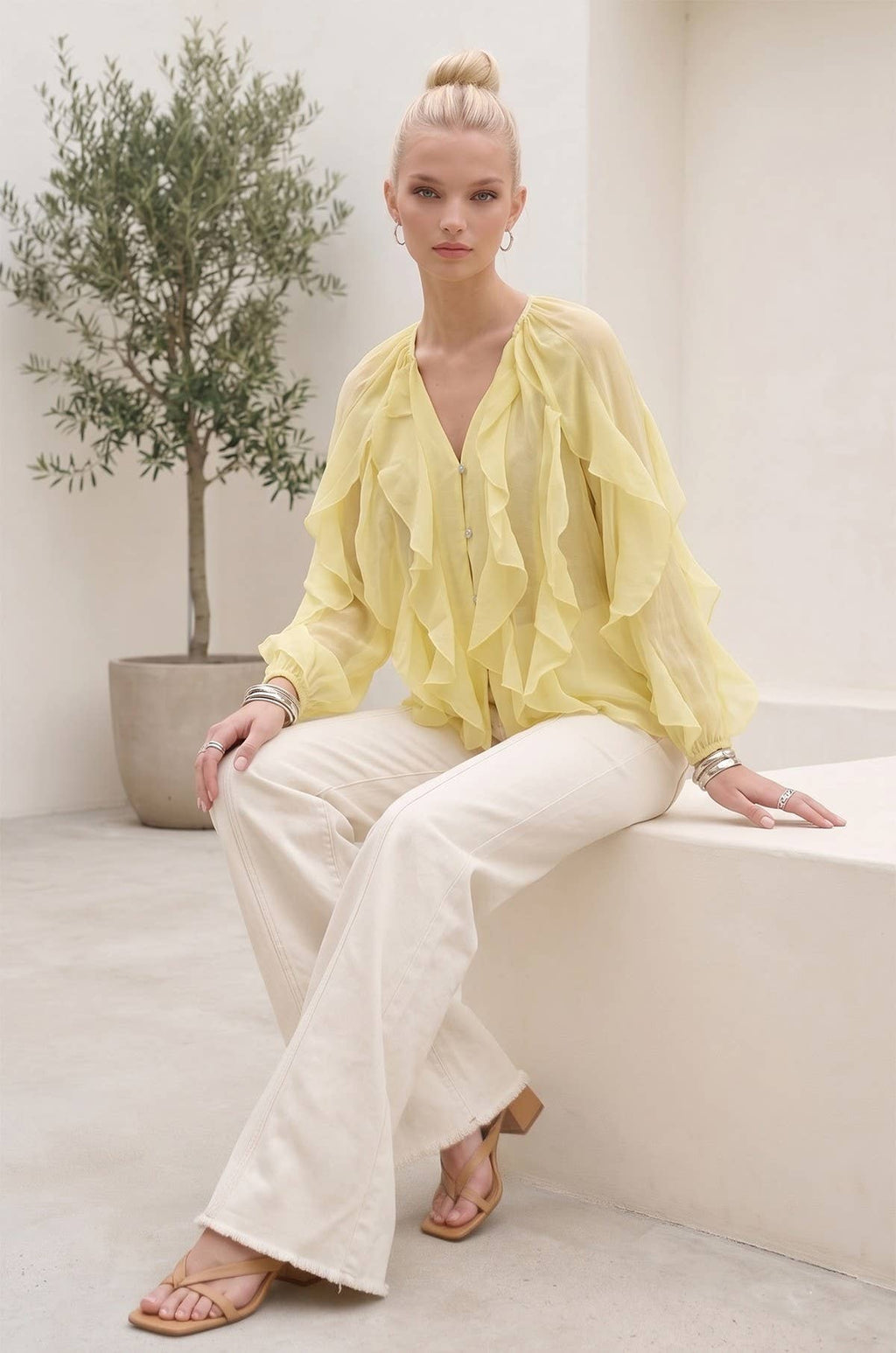 SHEER RUFFLED DETAIL BUTTON DOWN BLOUSE W1574TIA