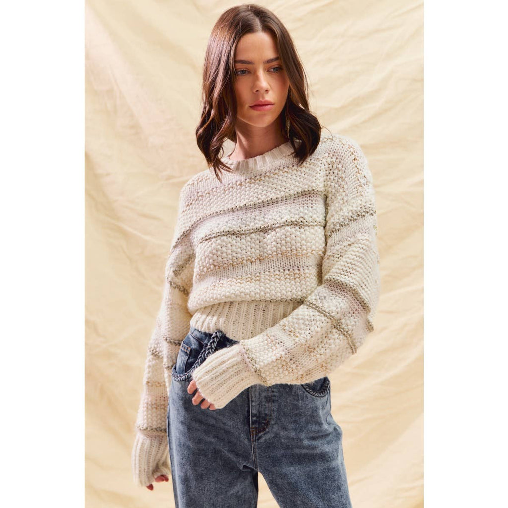 TEXTURED STRIPE LUREX HOLIDAY CROP SWEATER TOP