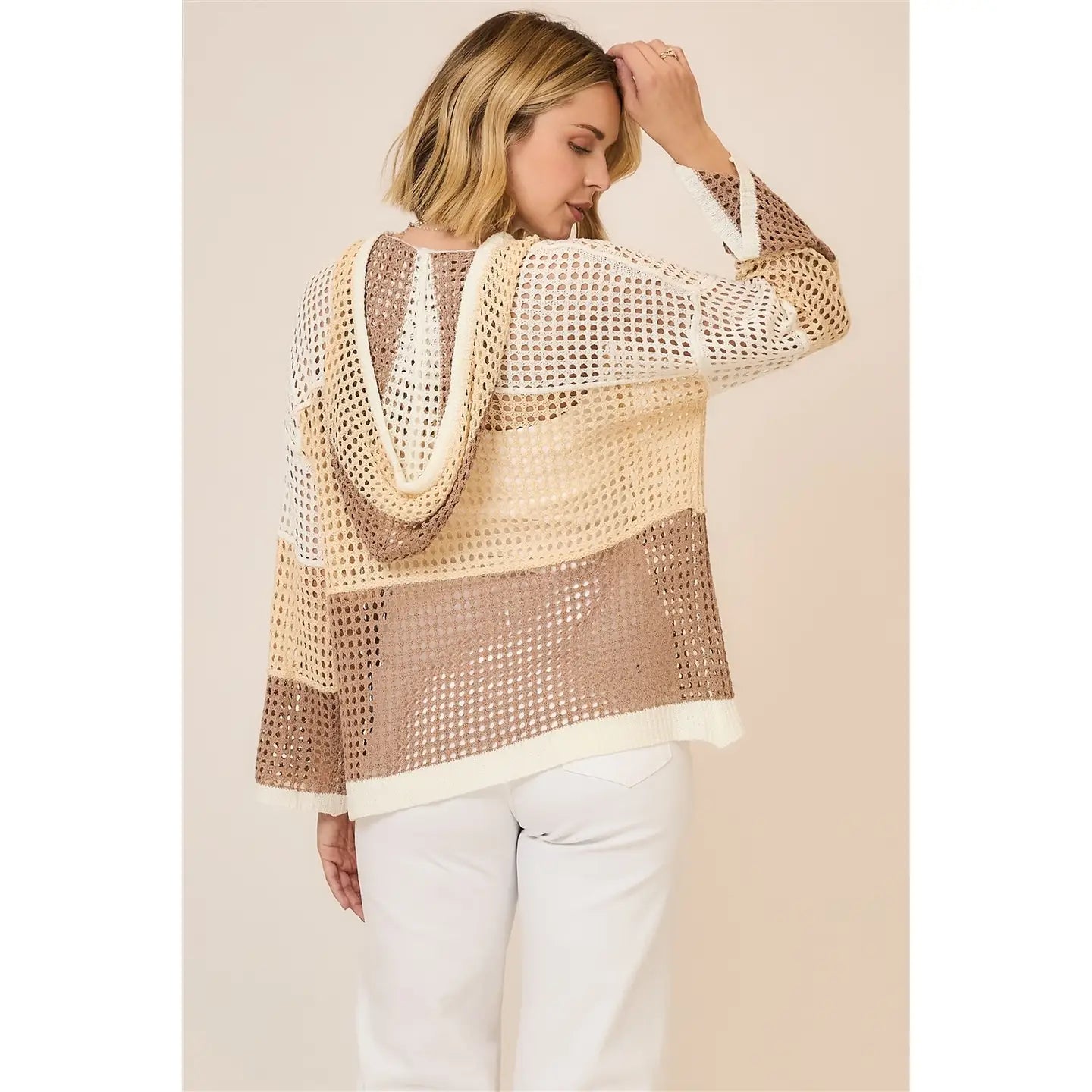 Open Knit Color Block Hood Sweater