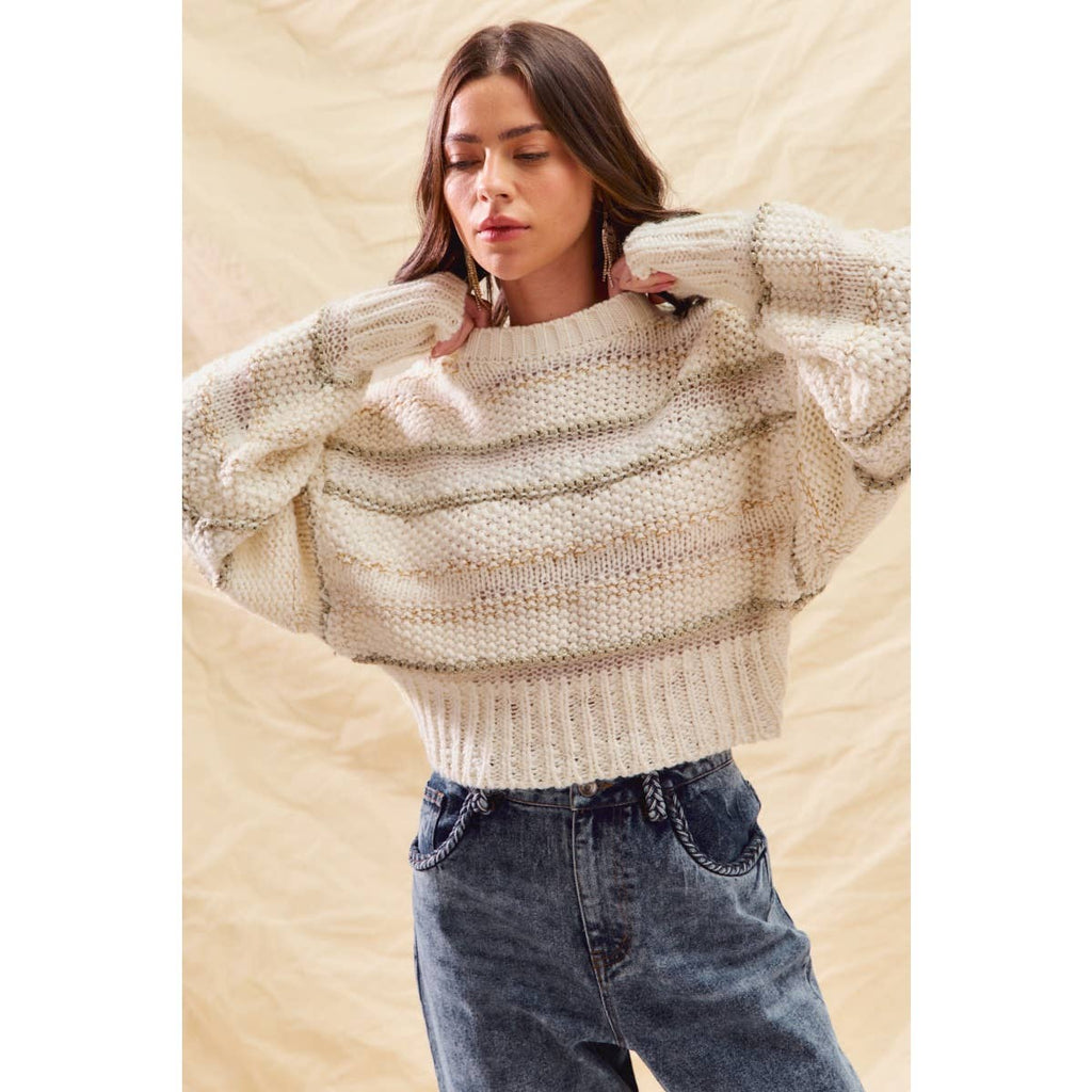 TEXTURED STRIPE LUREX HOLIDAY CROP SWEATER TOP