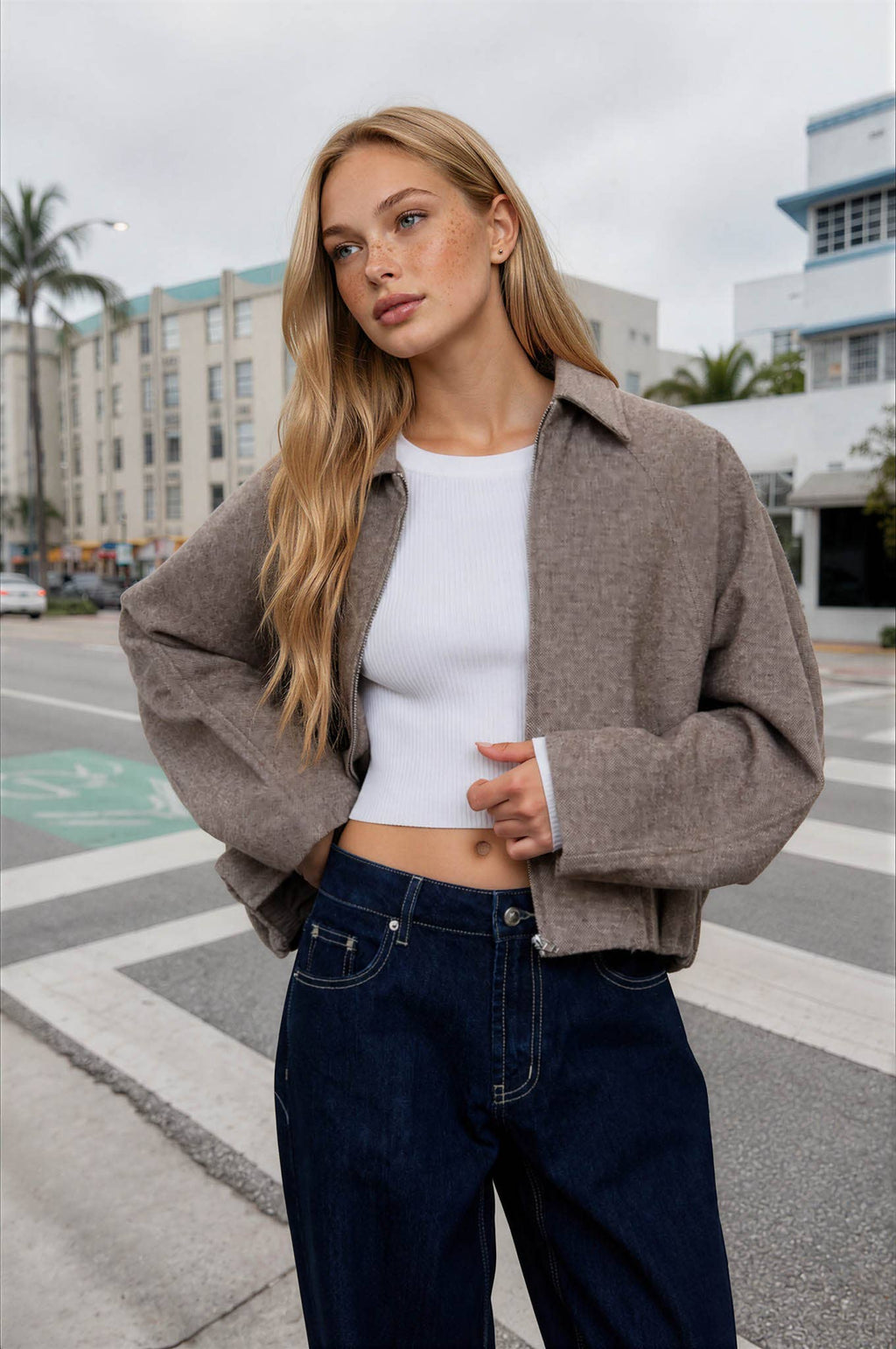 RAGLAN ZIP-UP CROPPED BALLOON HEM JACKET