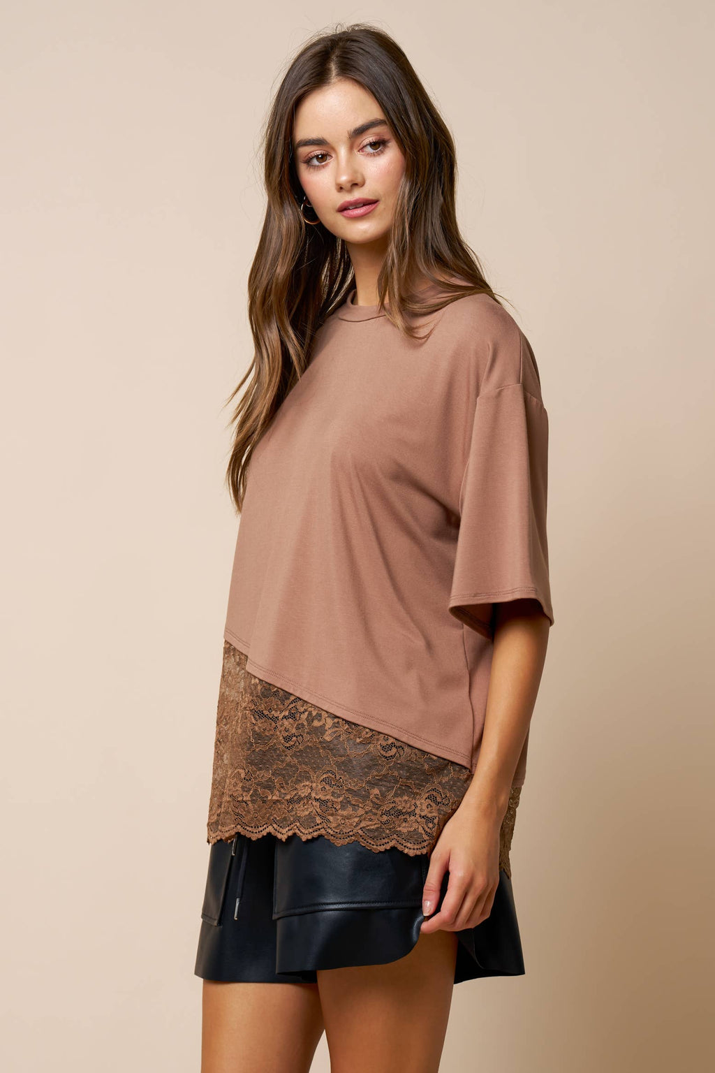 Loose Fit Jersey Knit Top W/ Asymmetrical Lace Contrast