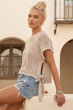 CHUNKY KNIT CROCHET SWEATER TOP WITH SIDE TIES