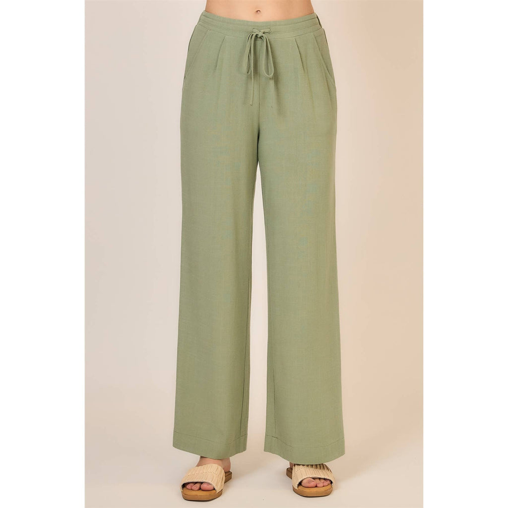 Drawstring Viscose Linen Blend Pants w Pockets