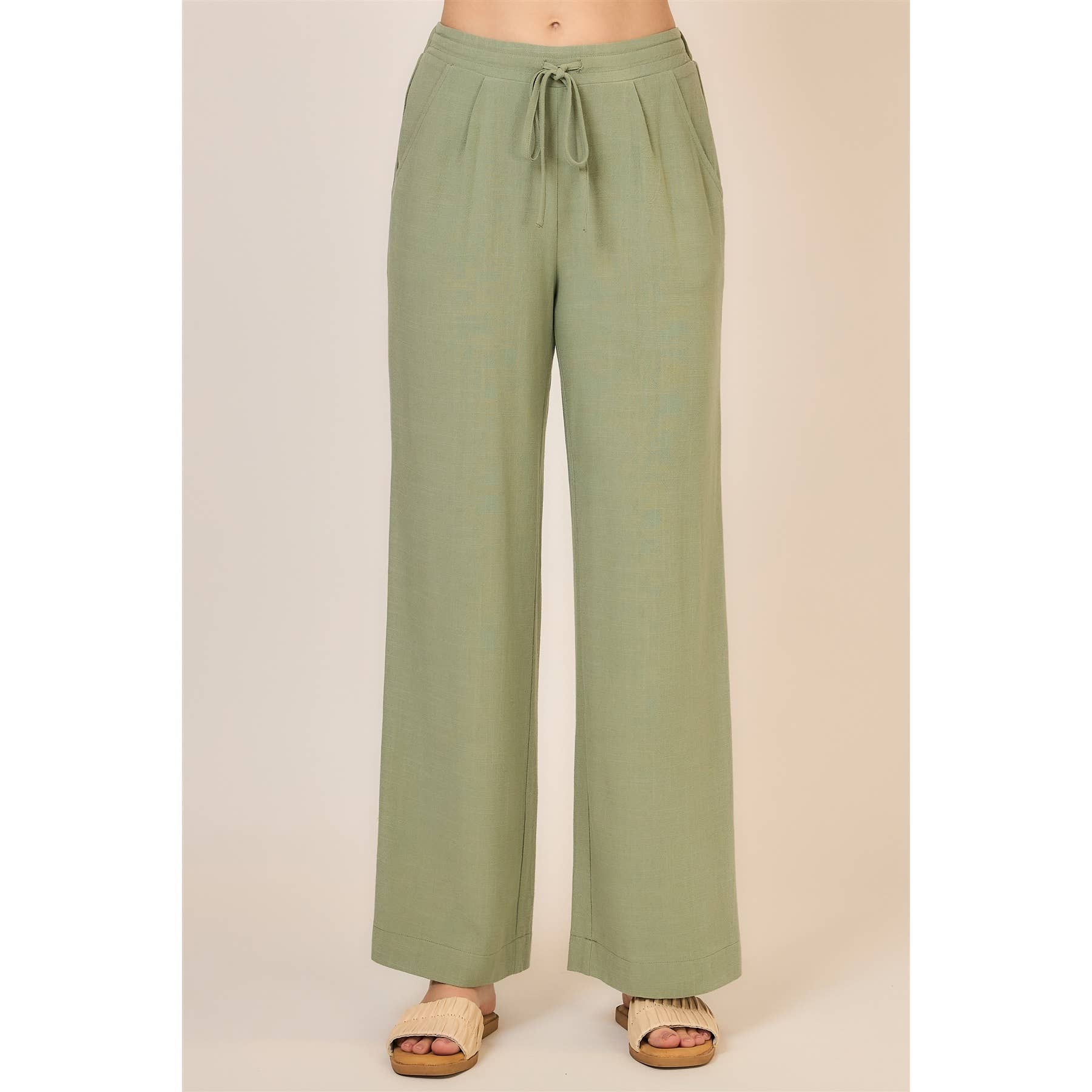 Drawstring Viscose Linen Blend Pants w Pockets