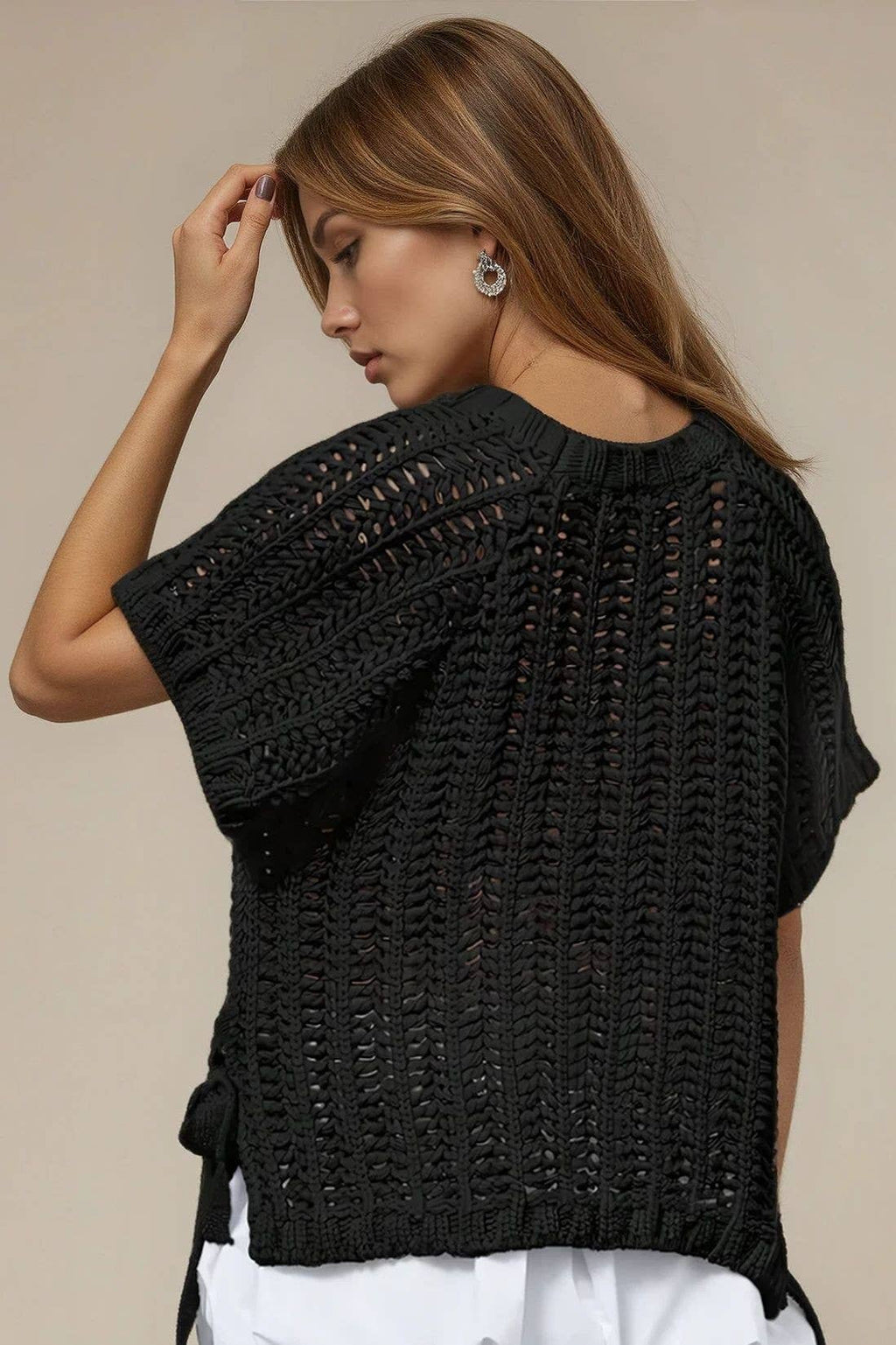 CHUNKY KNIT CROCHET SWEATER TOP WITH SIDE TIES W1551TIB