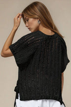 CHUNKY KNIT CROCHET SWEATER TOP WITH SIDE TIES