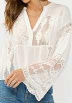 Drop Shoulder Patchwork Lace Bell Sleeve Blouse