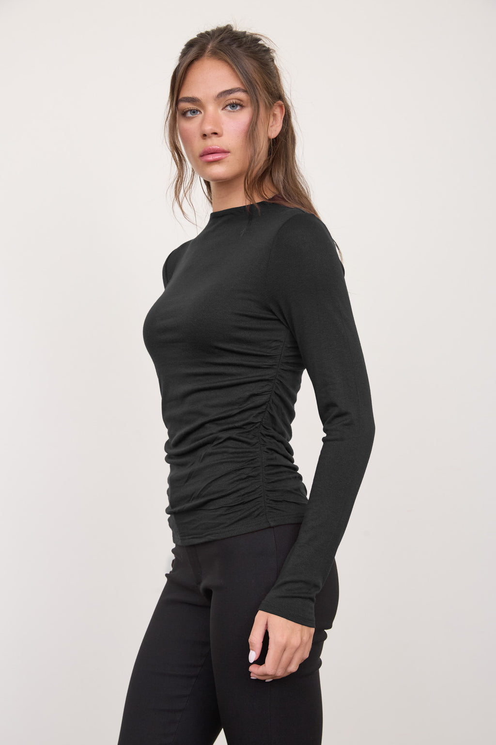 Ruched Side Long Sleeve Knit Top