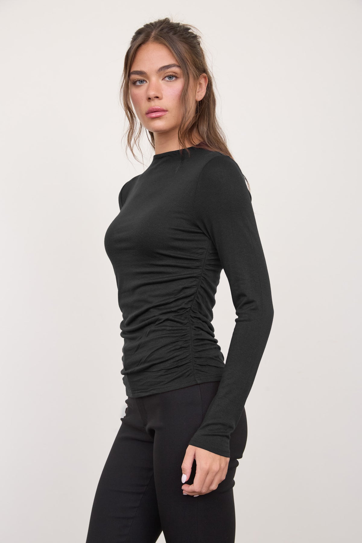 Ruched Side Long Sleeve Knit Top