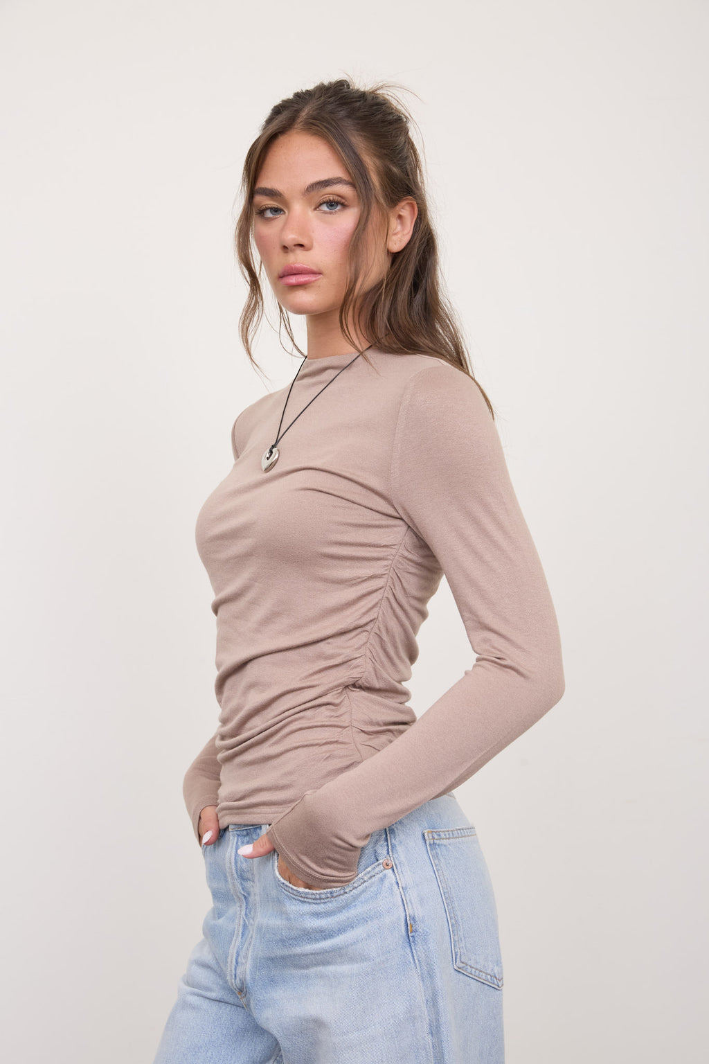 Ruched Side Long Sleeve Knit Top