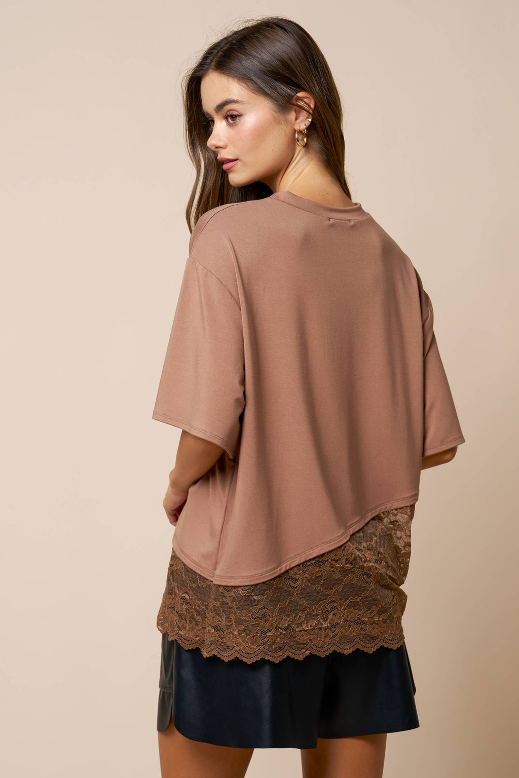 Loose Fit Jersey Knit Top W/ Asymmetrical Lace Contrast