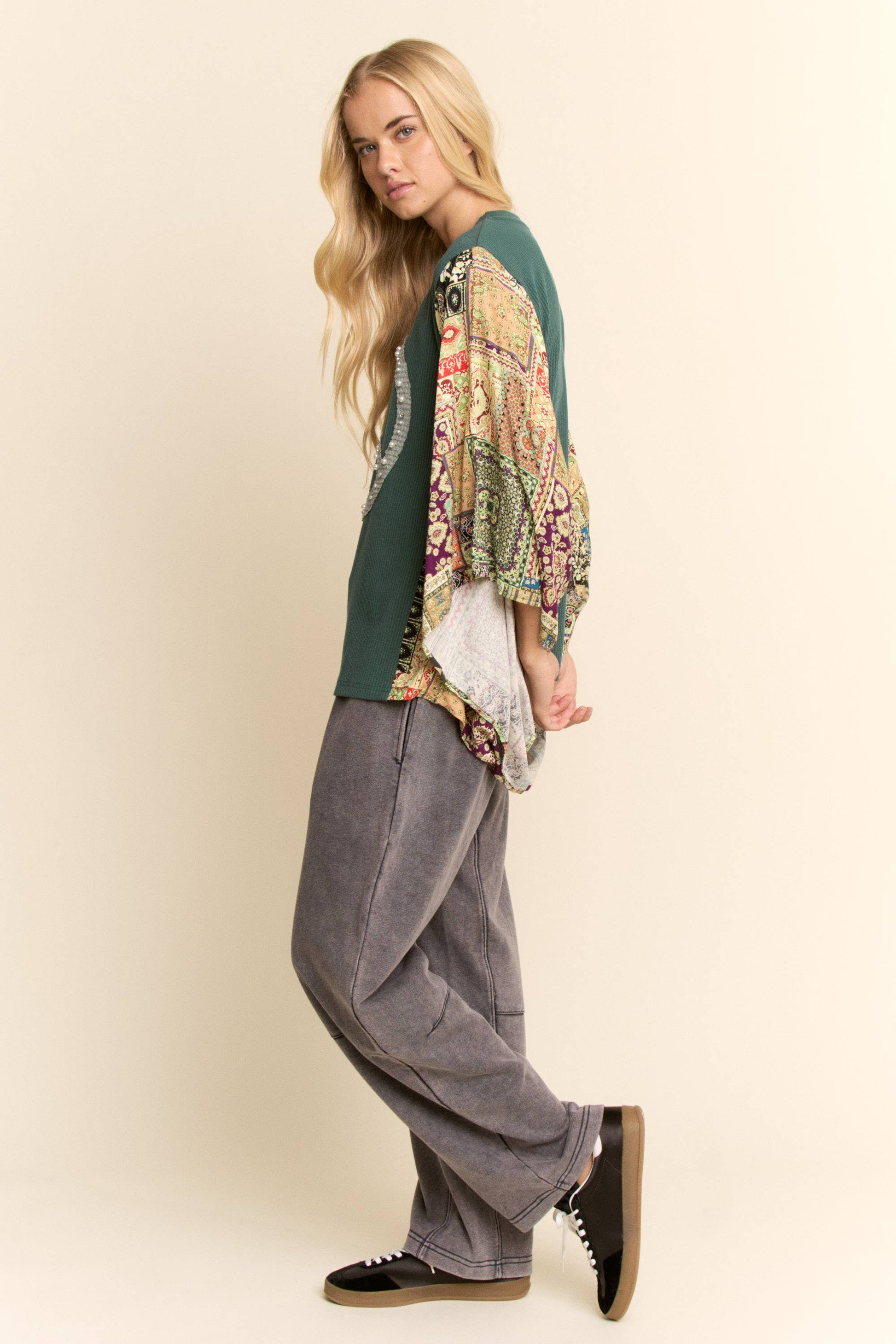 WASHED FRENCH TERRY CONTRAST WAIST BARREL PANTS