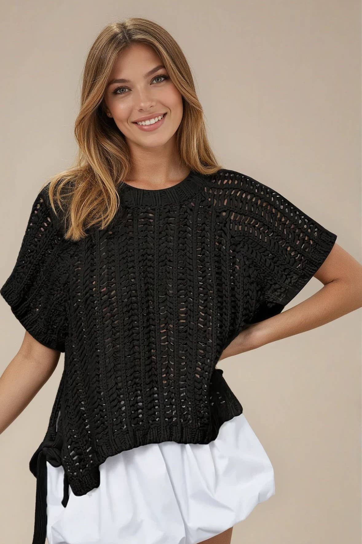 CHUNKY KNIT CROCHET SWEATER TOP WITH SIDE TIES W1551TIB