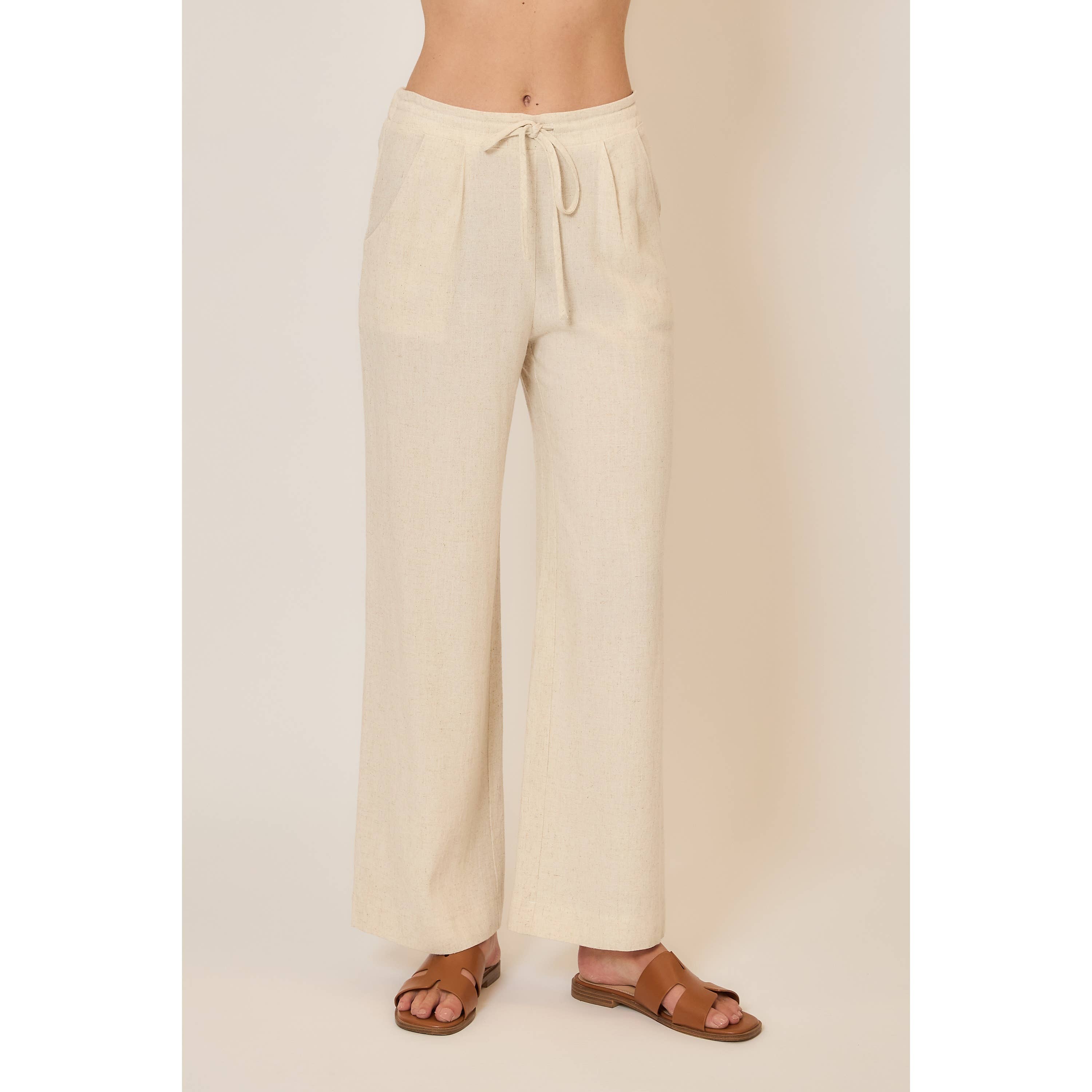 Drawstring Viscose Linen Blend Pants w Pockets