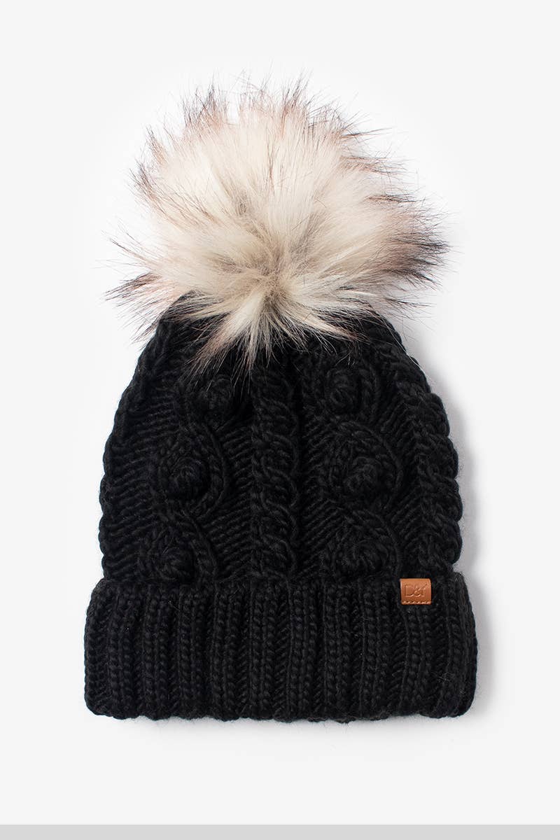 Popcorn Trim Knit Beanie with Faux Fur Pom
