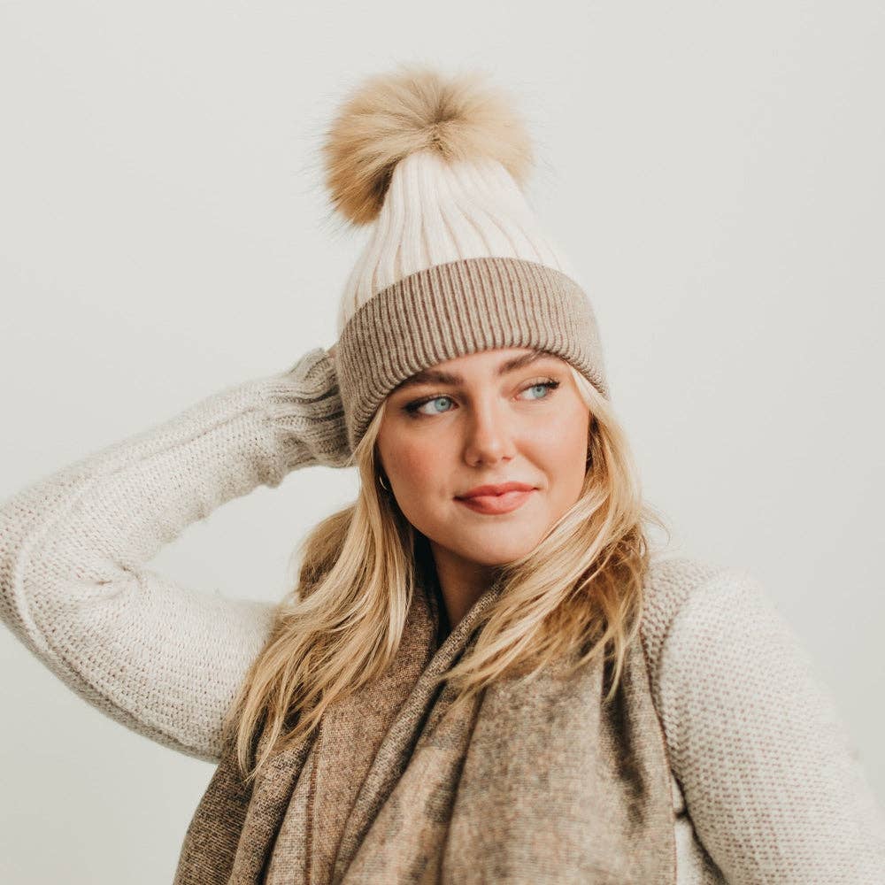 2 Tone Angora Knit Fur Pom Beanie
