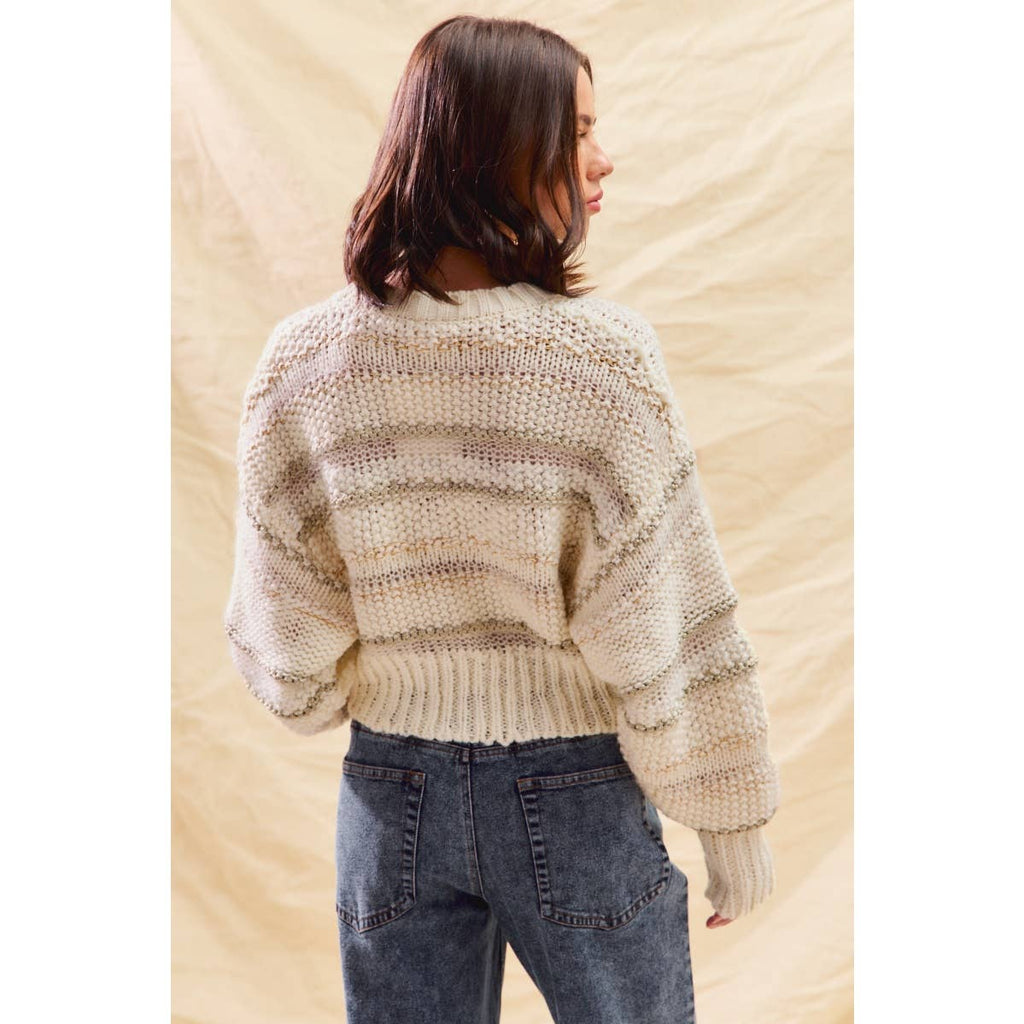 TEXTURED STRIPE LUREX HOLIDAY CROP SWEATER TOP