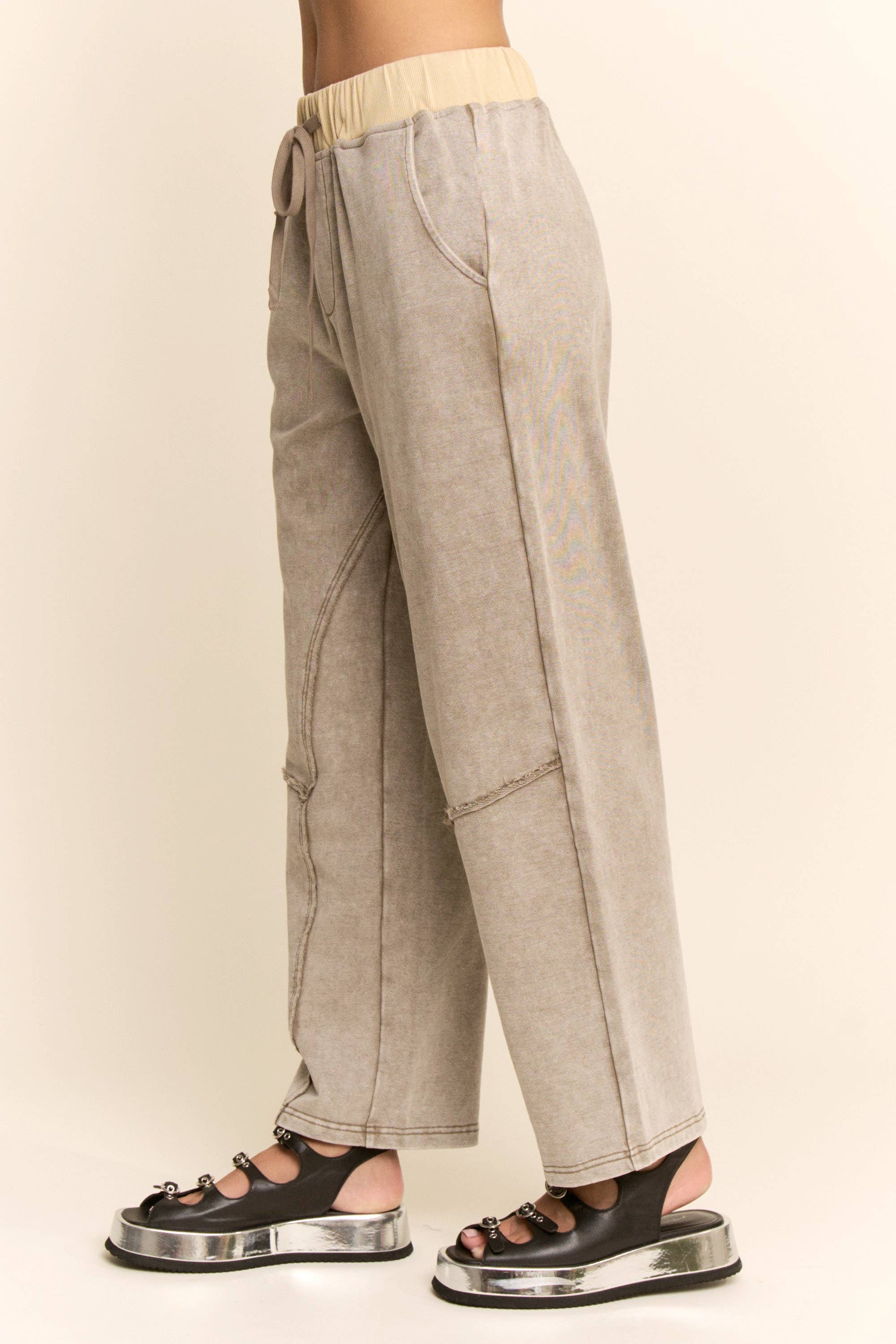 WASHED FRENCH TERRY CONTRAST WAIST BARREL PANTS