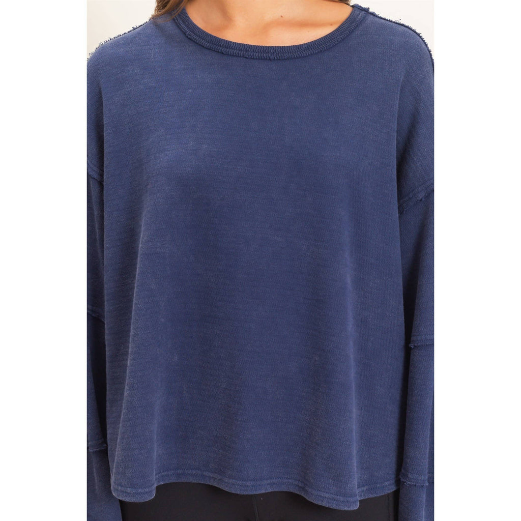 Mineral Wash Oversized Raw Edge Crew Neck Top