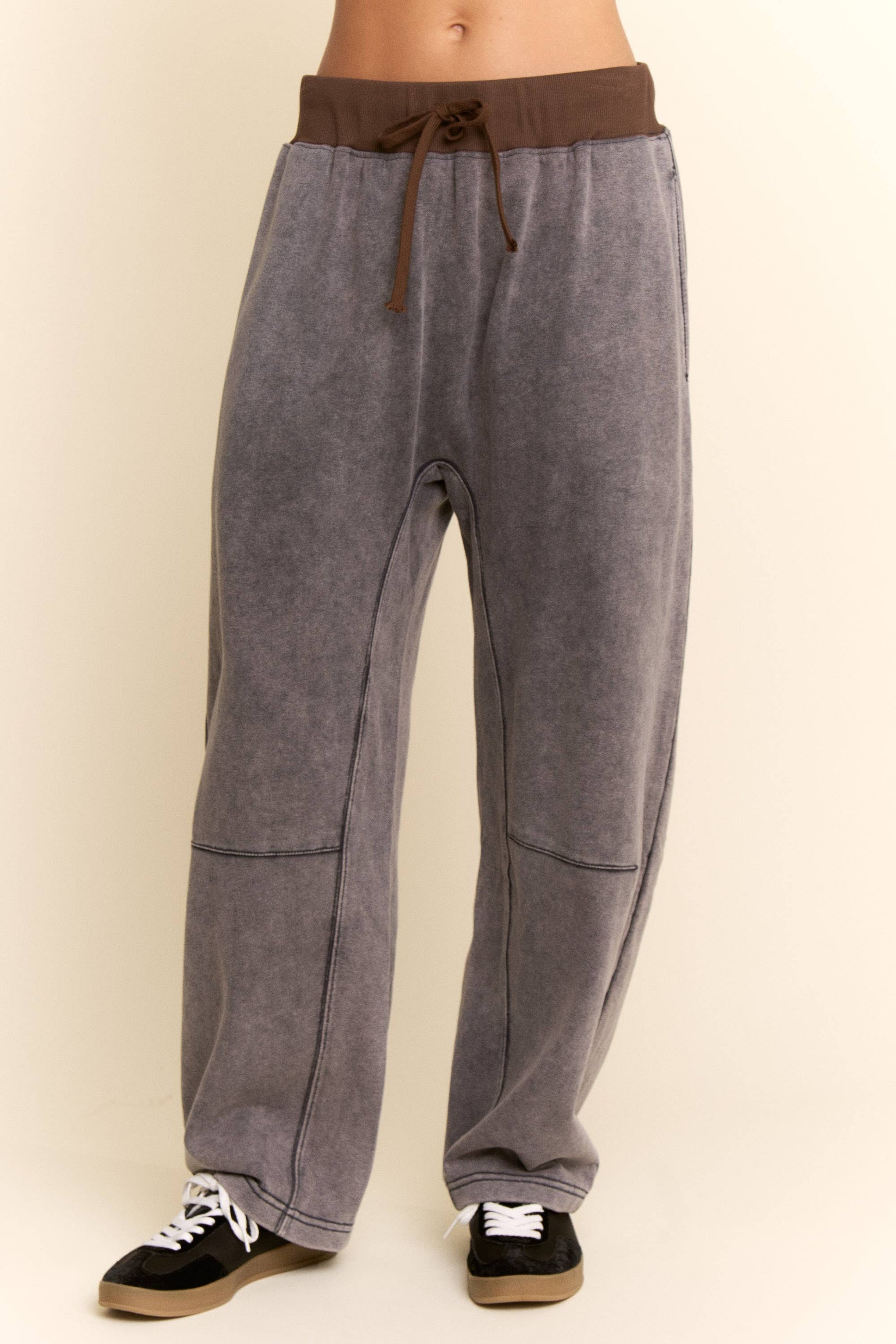 WASHED FRENCH TERRY CONTRAST WAIST BARREL PANTS