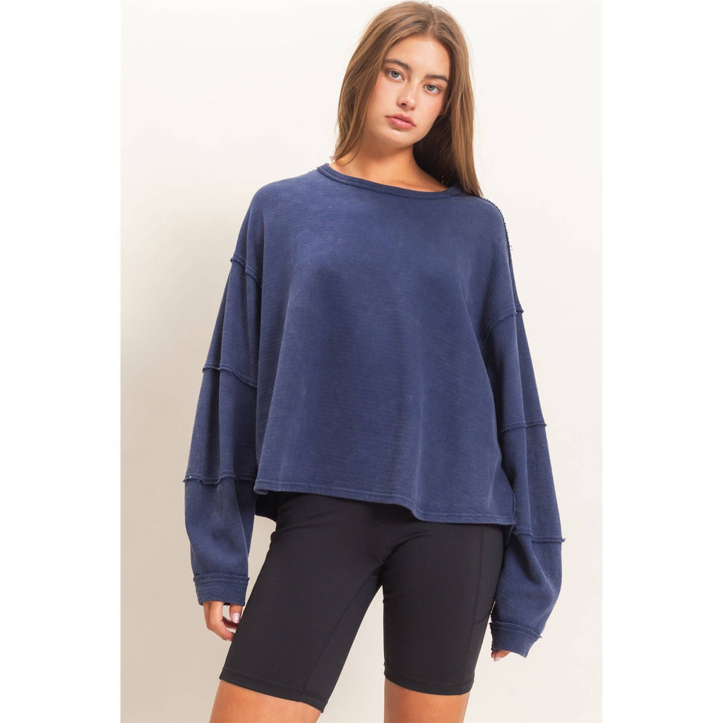 Mineral Wash Oversized Raw Edge Crew Neck Top