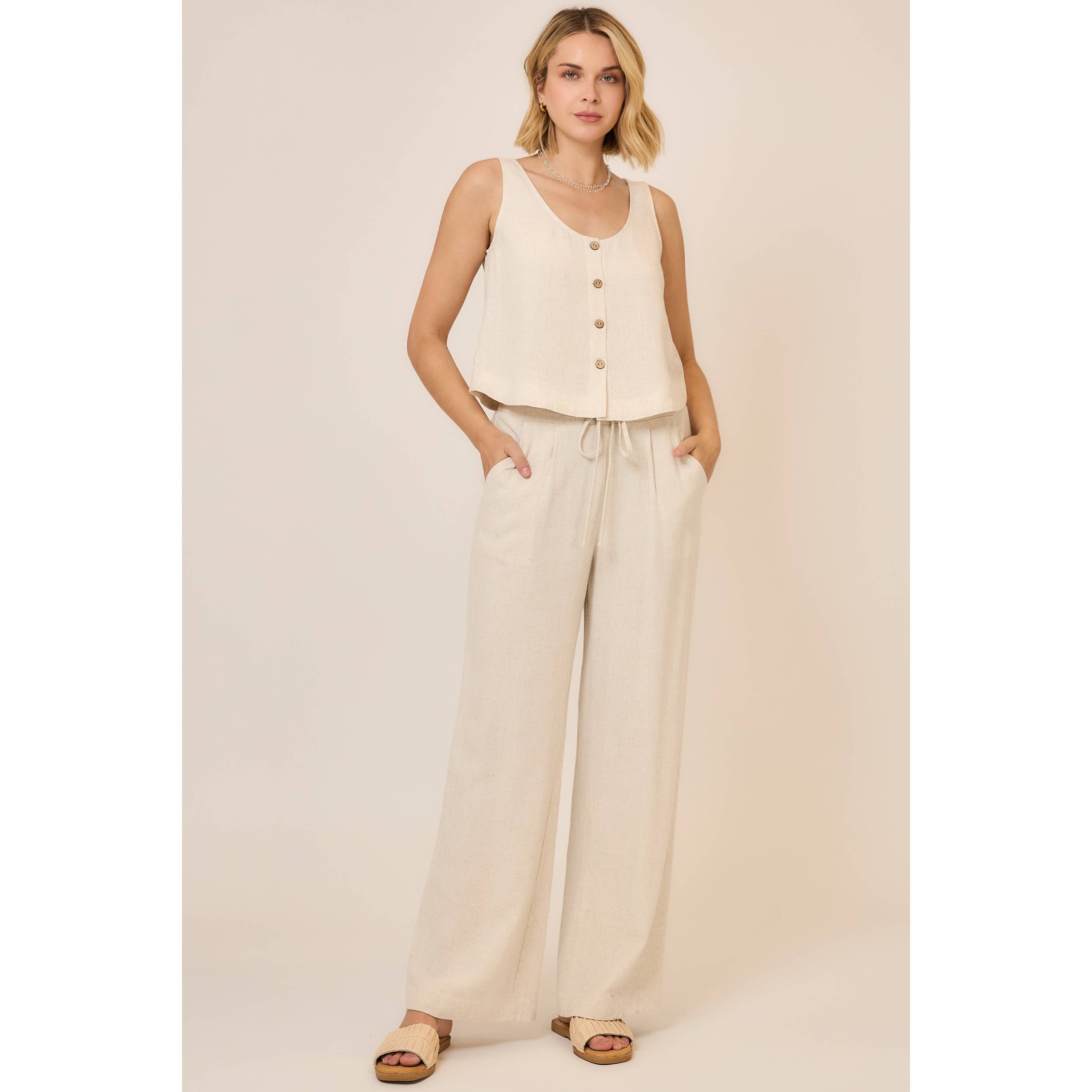Viscose Linen Blend Button Up Sleeveless Top