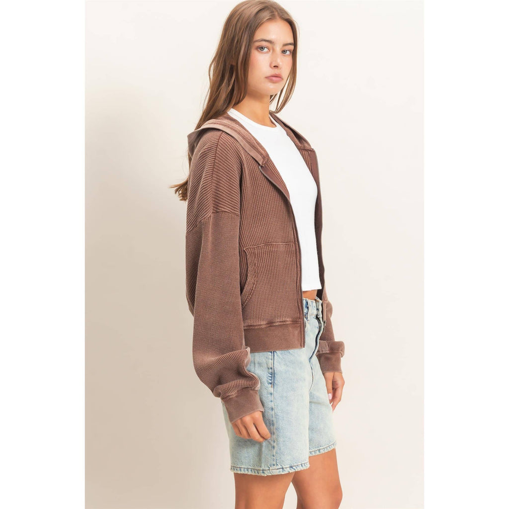 Acid Wash Waffle Knit Zip-Up Hoodie