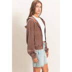 Acid Wash Waffle Knit Zip-Up Hoodie