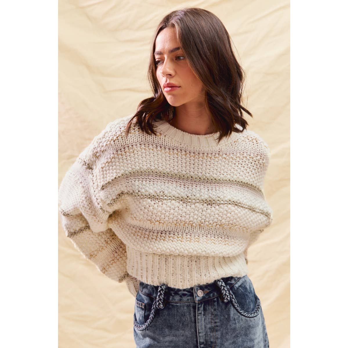 TEXTURED STRIPE LUREX HOLIDAY CROP SWEATER TOP