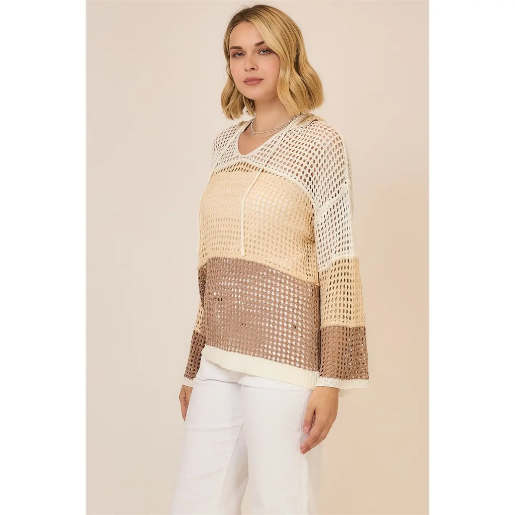 Open Knit Color Block Hood Sweater