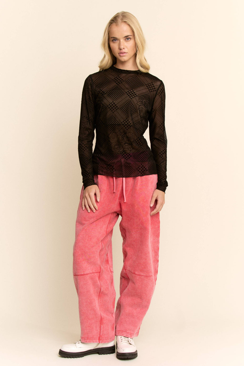 WASHED FRENCH TERRY CONTRAST WAIST BARREL PANTS