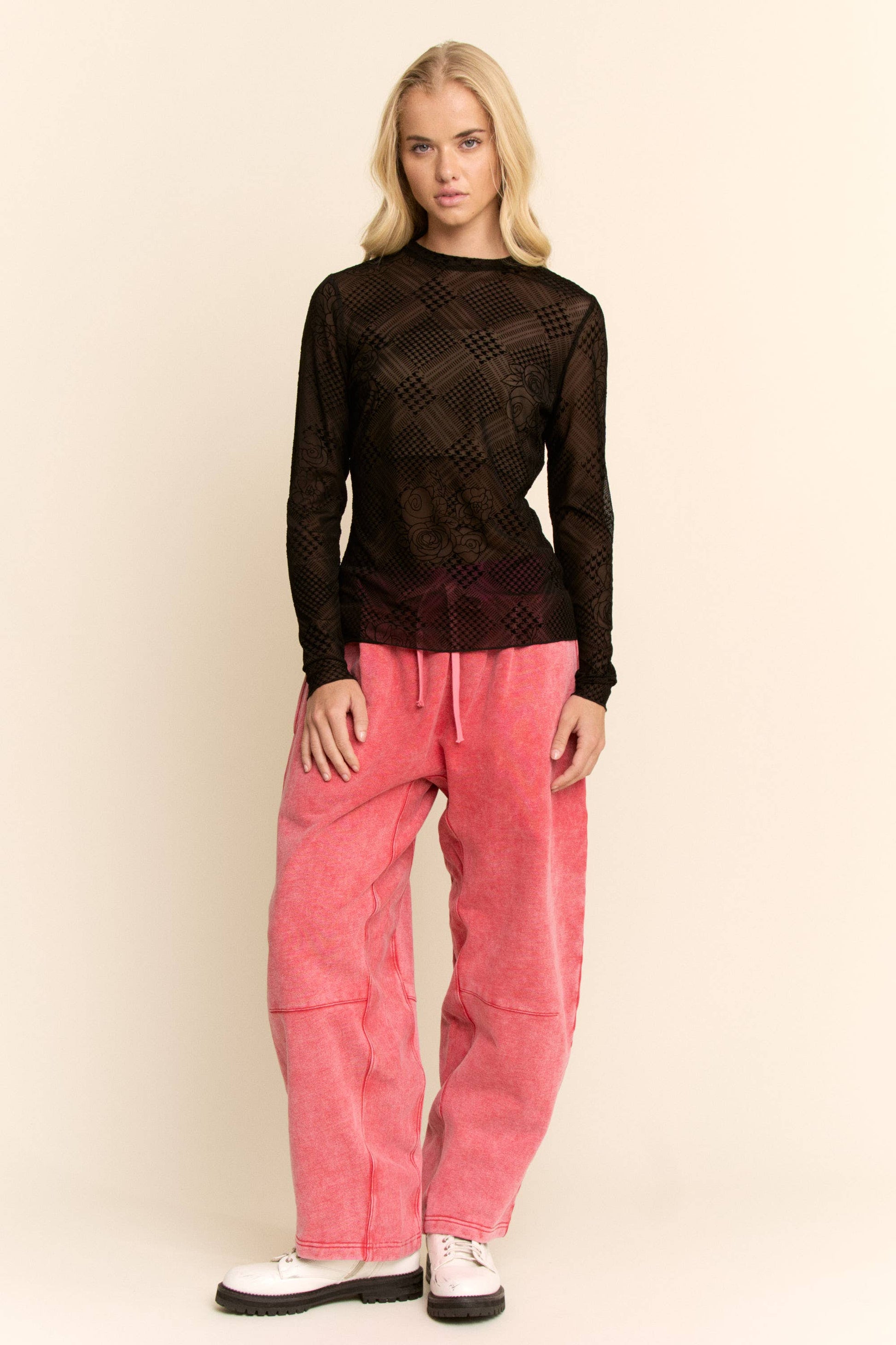 WASHED FRENCH TERRY CONTRAST WAIST BARREL PANTS