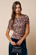 Leopard Print Asymmetrical Mesh Ruched Top