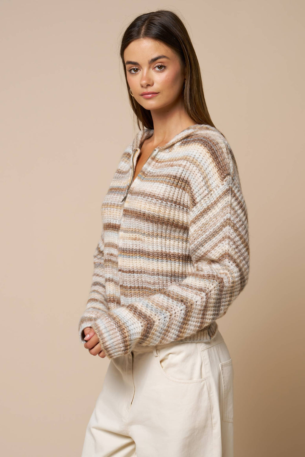 Striped Zip Front Hooded Sweater