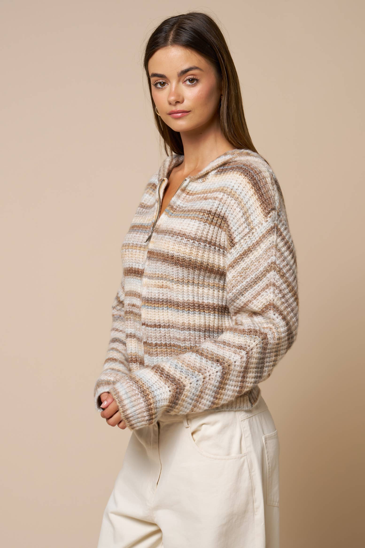 Striped Zip Front Hooded Sweater