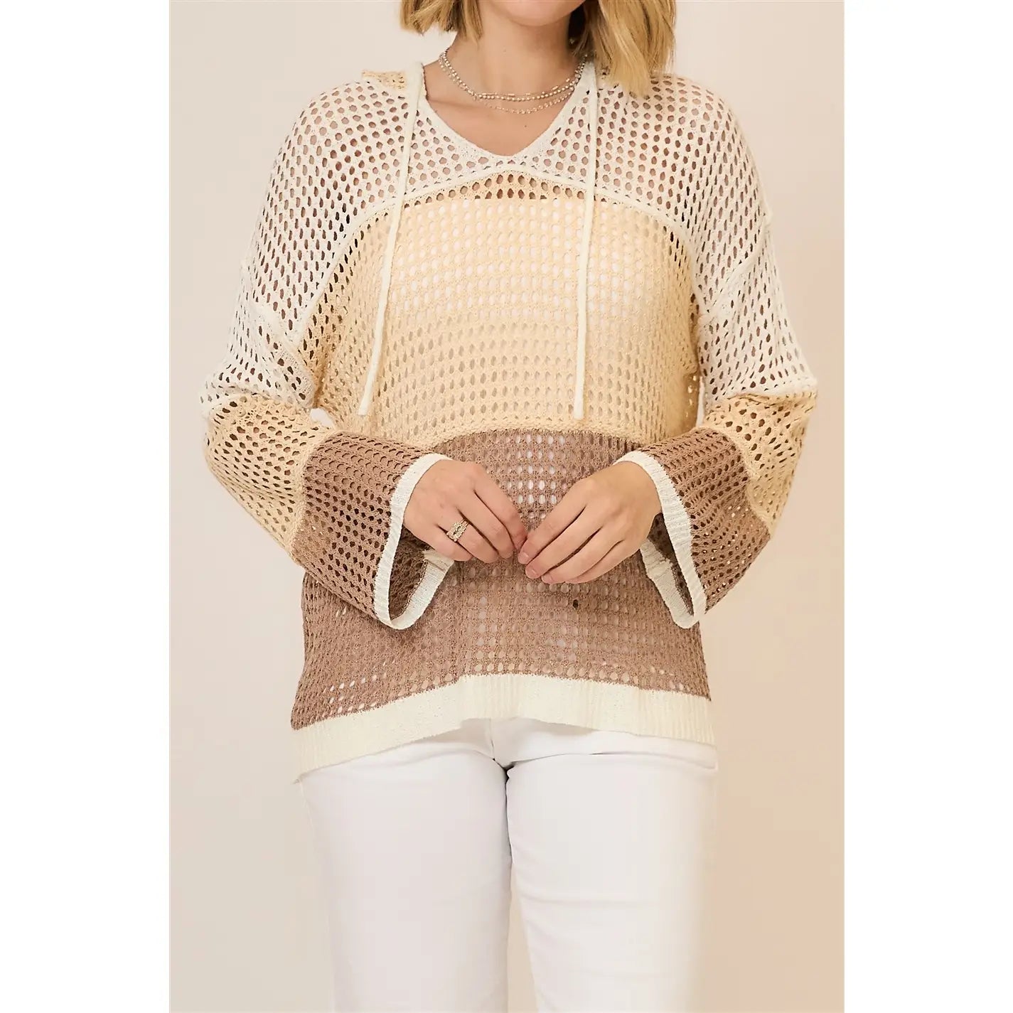 Open Knit Color Block Hood Sweater