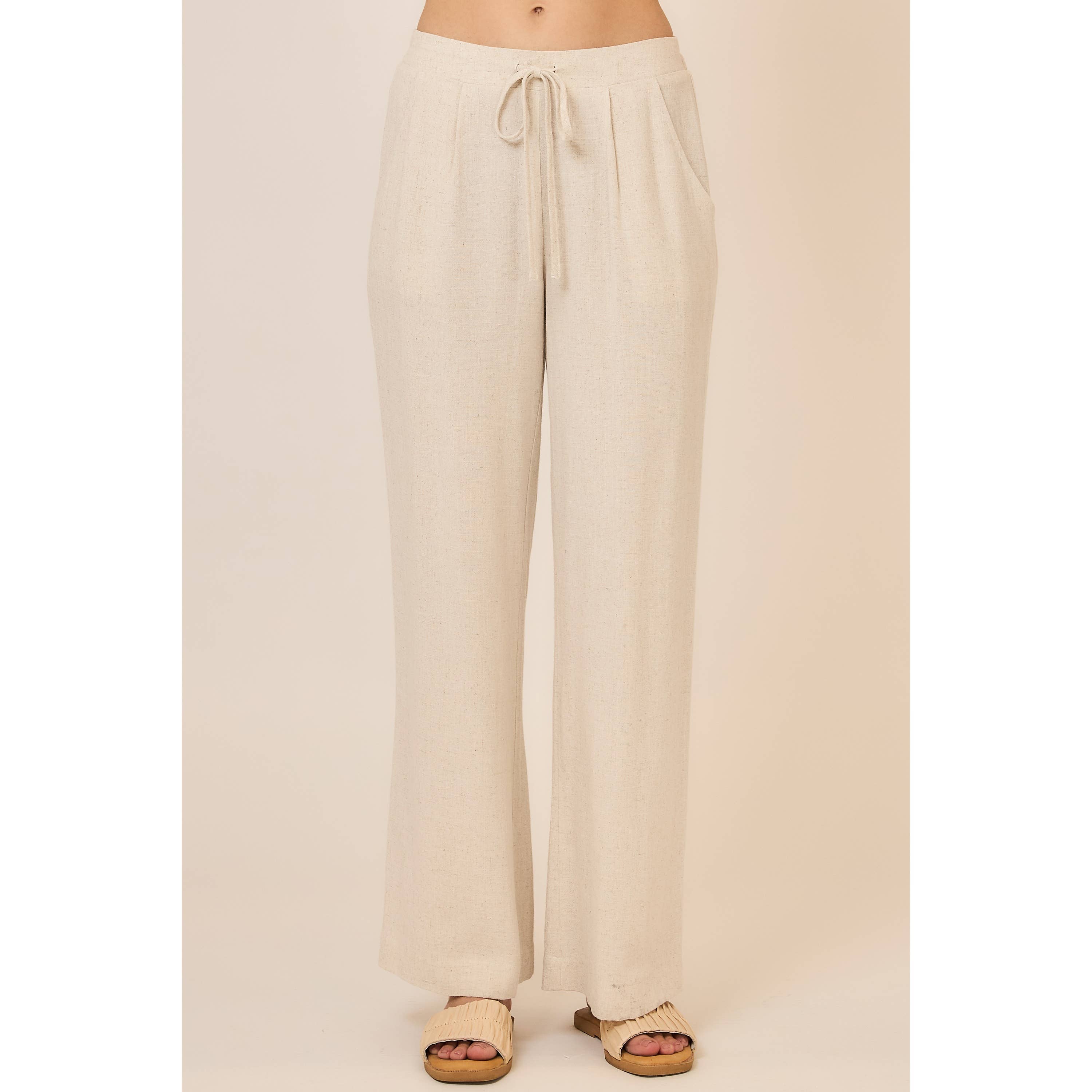 Drawstring Viscose Linen Blend Pants w Pockets