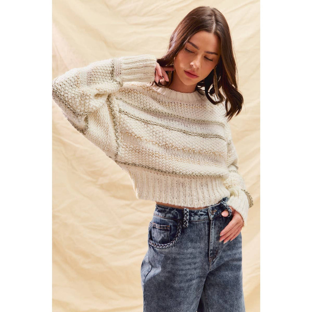 TEXTURED STRIPE LUREX HOLIDAY CROP SWEATER TOP