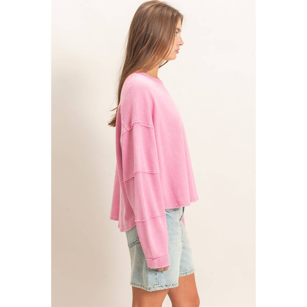 Mineral Wash Oversized Raw Edge Crew Neck Top