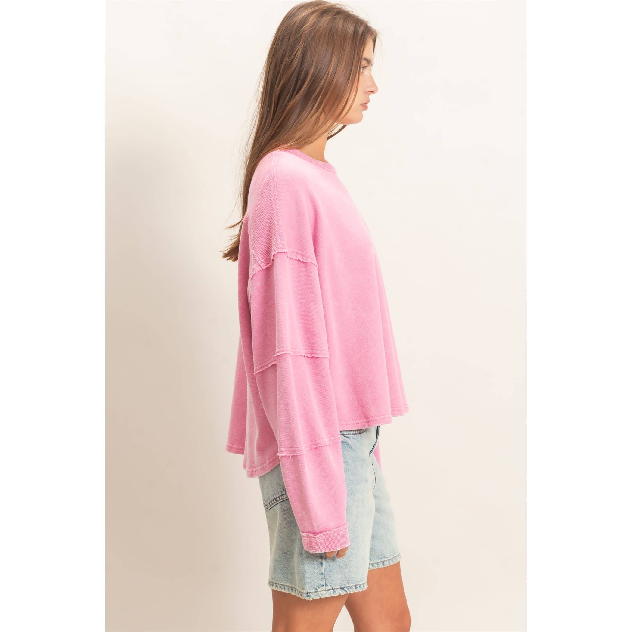 Mineral Wash Oversized Raw Edge Crew Neck Top