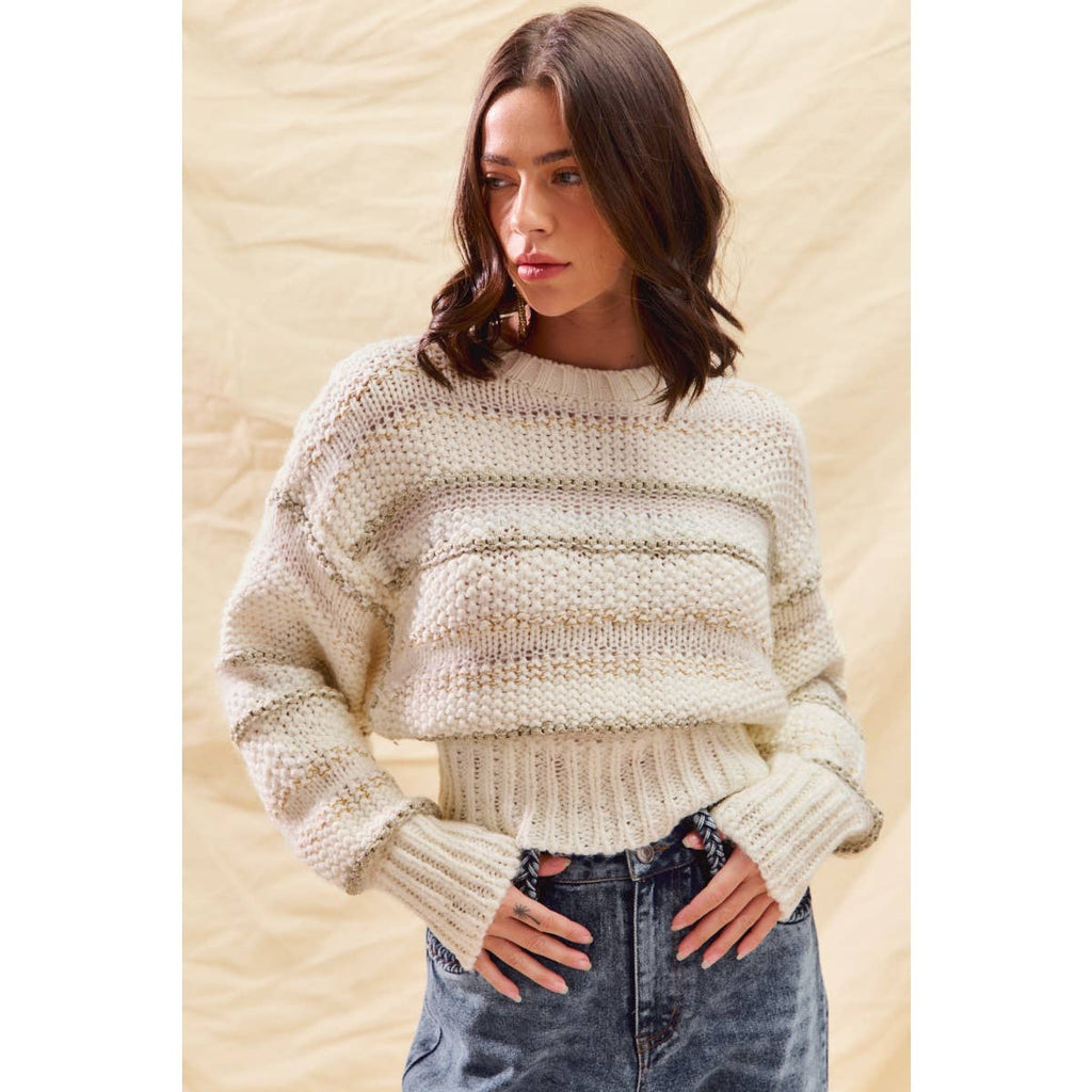 TEXTURED STRIPE LUREX HOLIDAY CROP SWEATER TOP