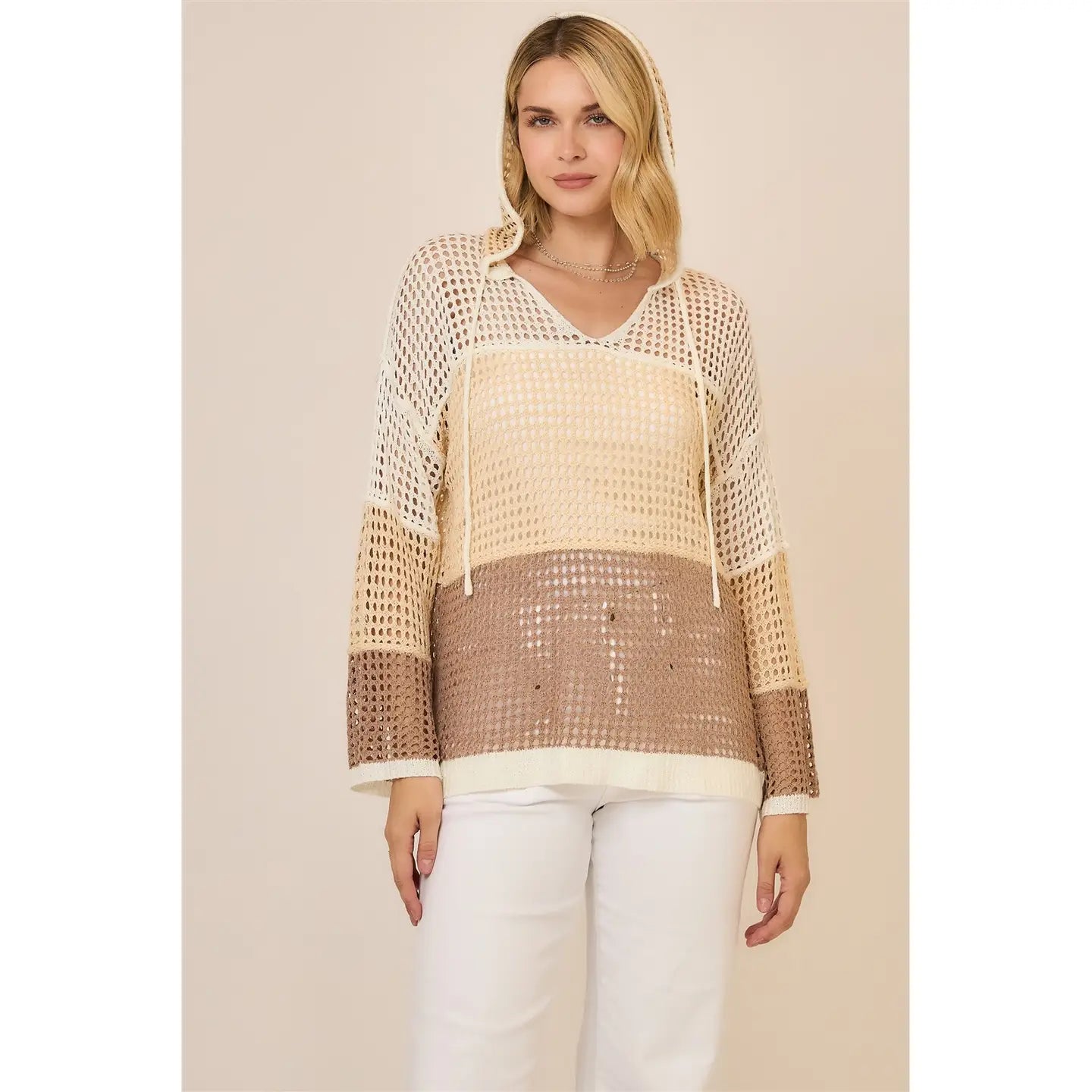 Open Knit Color Block Hood Sweater
