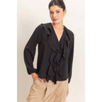 Ruffled V-Neck Button-Up Blouse