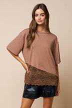 Loose Fit Jersey Knit Top W/ Asymmetrical Lace Contrast