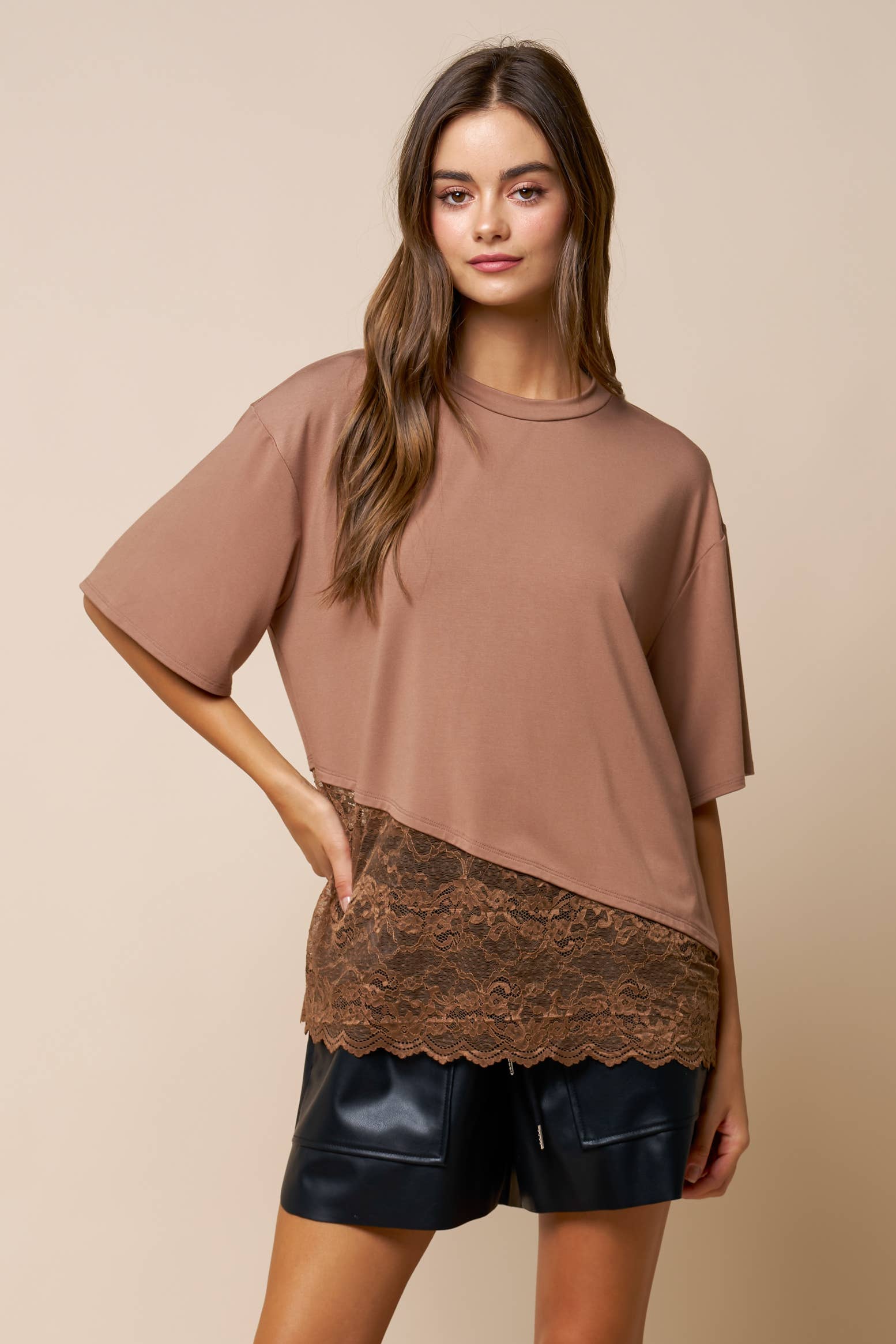 Loose Fit Jersey Knit Top W/ Asymmetrical Lace Contrast