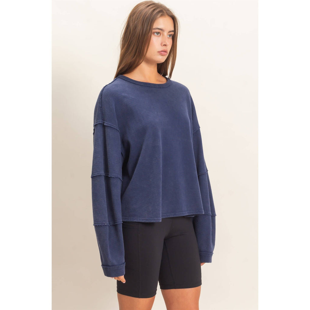 Mineral Wash Oversized Raw Edge Crew Neck Top